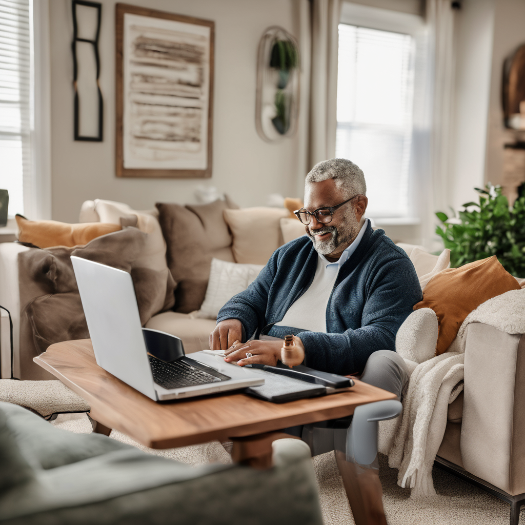 Illustration of a suburban resident using a laptop for remote notarization
